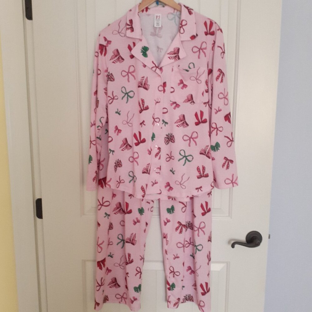 PJ Place Knit Pajamas Long Sleeve Long Pants Pink with Bows Size L